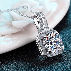 New 1 Carat Moissanite Necklace Round Stone Halo Sterling Silver
